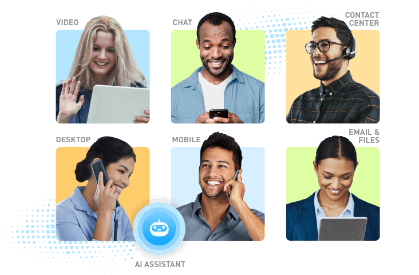 People use different features that are examples of unified communications, such as video, chat, and email.