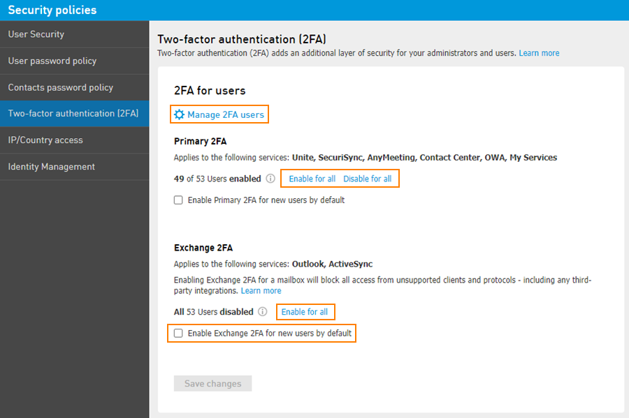 screenshot shows how users can enable MFA with Intermedia for enhanced protection against phishing attacks