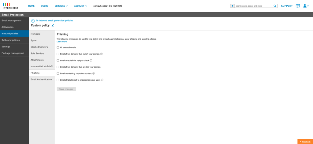 graphic shows example of Intermedia hosted exchange customizable security configurations 