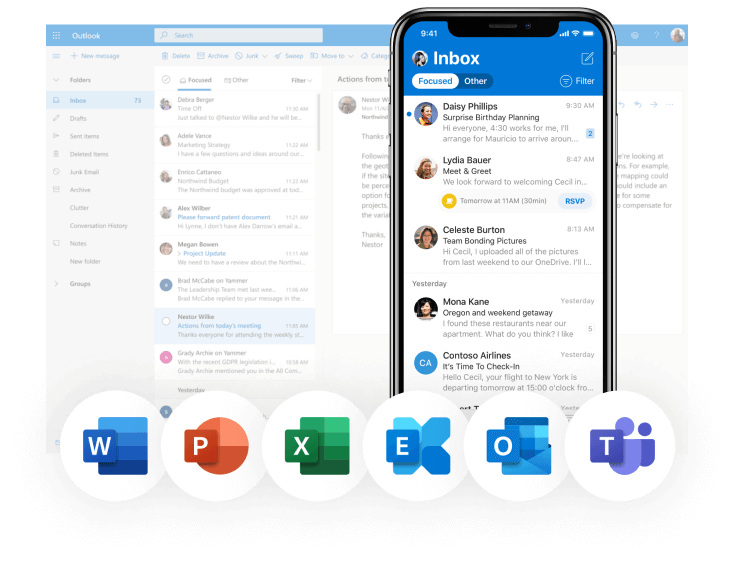 graphic shows how users can access their email from multiple devices with Microsoft 365