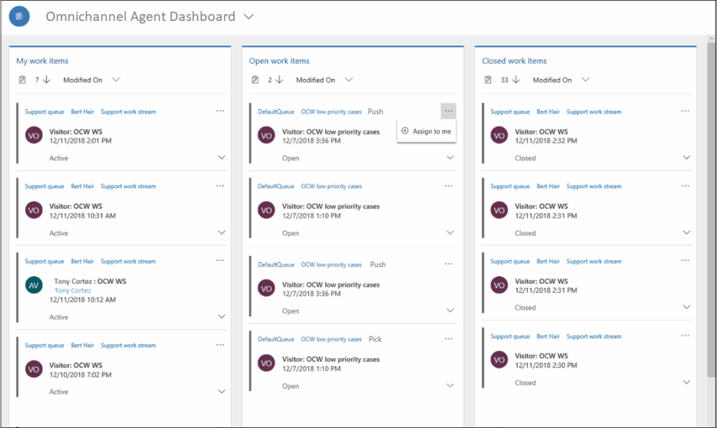 Screenshot of an omnichannel contact center dashboard showing agent work queues, including active, open, and closed customer cases
