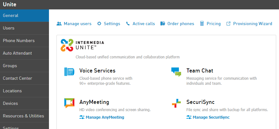 Screenshot of the Intermedia Unite dashboard displaying voice services, team chat, video conferencing, and file sync options in a unified communication platform