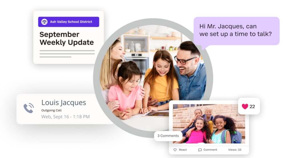 Collage of school communication features including a weekly district update, parent-teacher message, outgoing call log, and social media-style classroom photo post