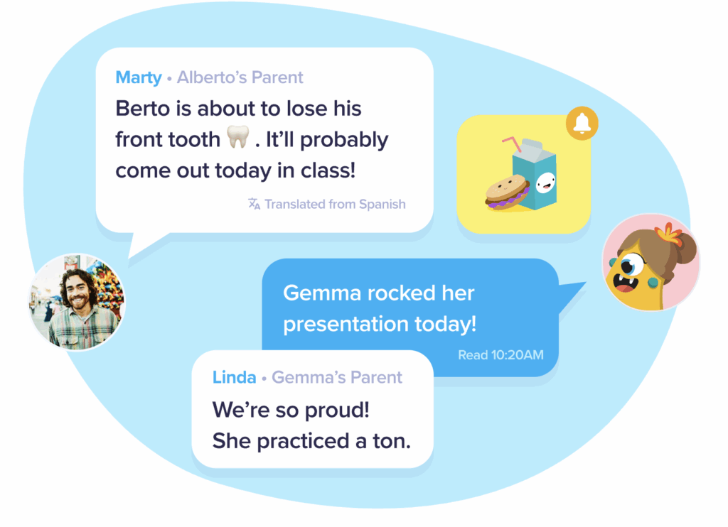 Illustration of a teacher-parent messaging app interface showing translated and original messages about student progress, with playful icons and profile images representing users