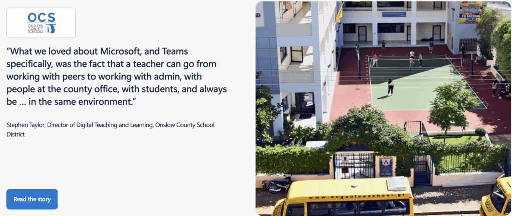 Quote from Stephen Taylor of Onslow County School District praising Microsoft Teams for enabling seamless communication among teachers, administrators, and district staff
