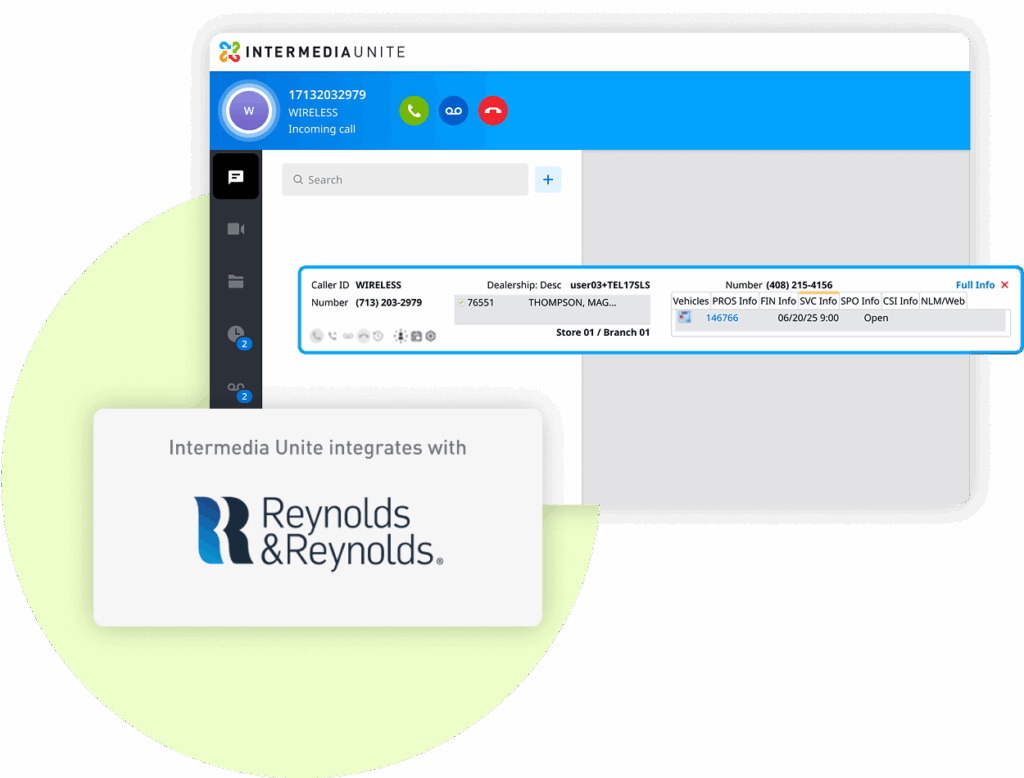 Screenshot of Intermedia Unite's incoming call interface showing caller ID details and dealership information