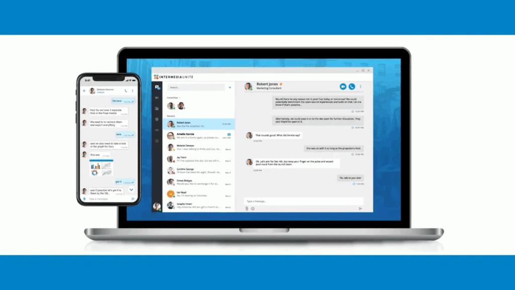 Intermedia Unite messaging interface displayed on mobile and desktop, showing team chat and SMS communication across devices