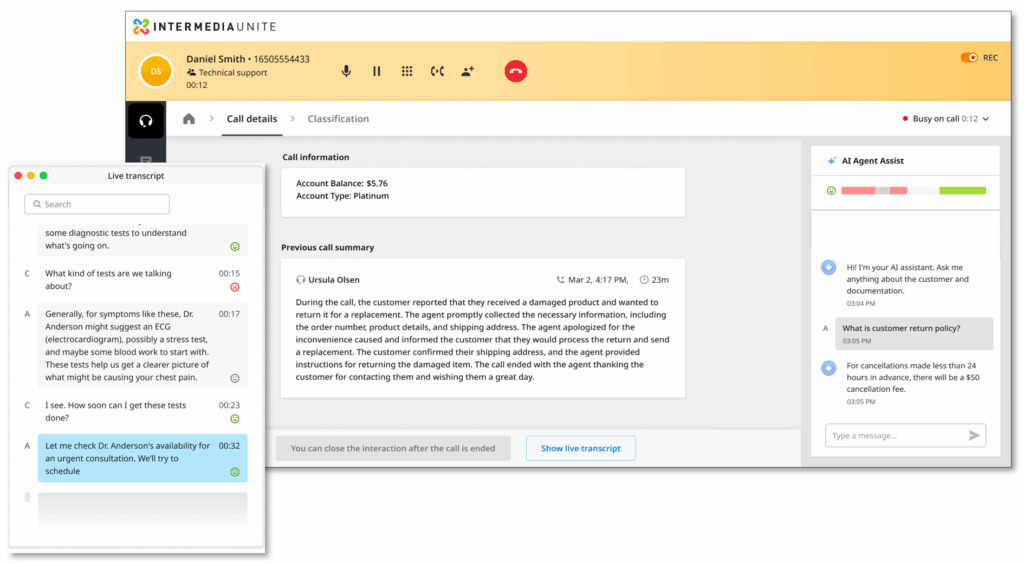 Intermedia Unite interface showing an active support call with live transcript, previous call summary, account details, and AI Agent Assist panel
