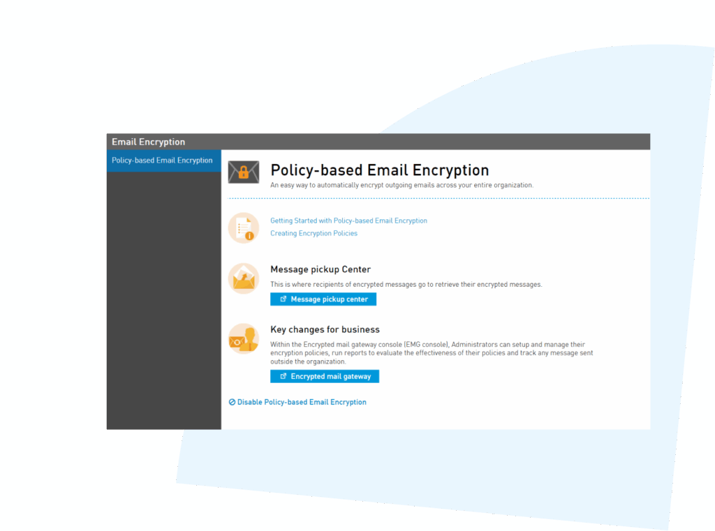 Screenshot of policy-based email encryption dashboard showing how organizations apply encryption rules and direct messages to a secure pickup center