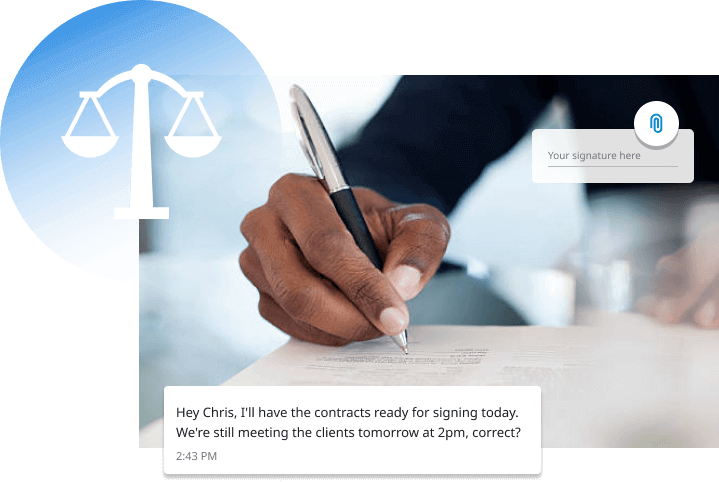 Close-up of a person signing a legal document with a digital overlay showing a message about contract readiness and client meeting confirmation, alongside a scales of justice icon