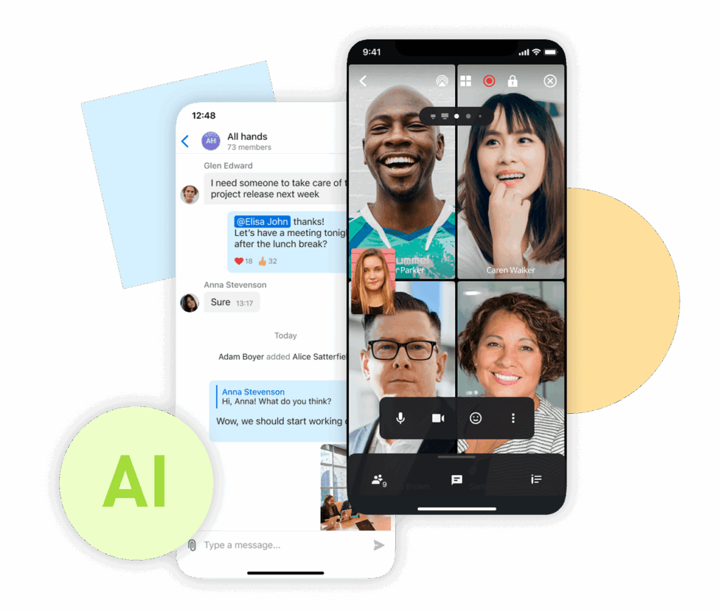 Mobile screens showing unified communication tools with team messaging and a video conference call, highlighting how all-in-one communication platforms keep dealership staff connected