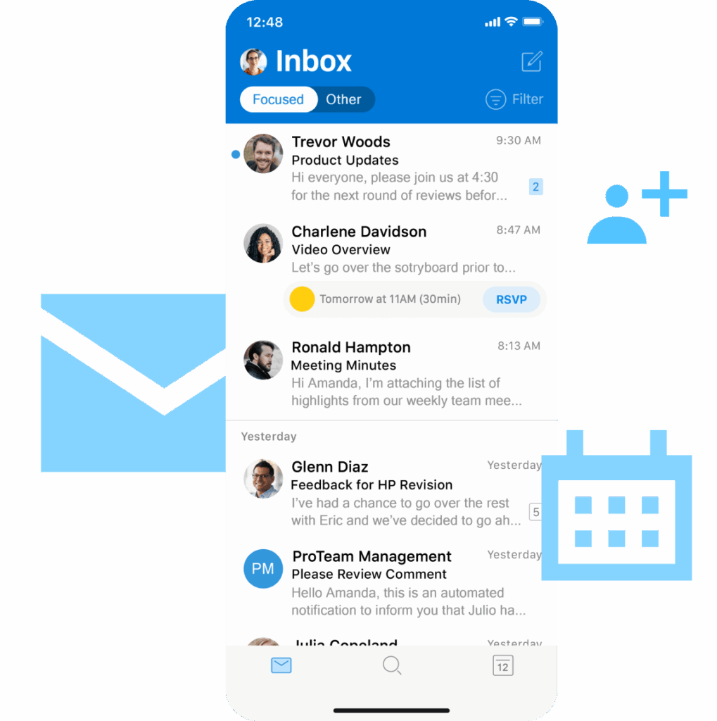 Mobile inbox with email, calendar, and contact icons, illustrating how virtual legal offices manage scheduling, email, and client communication digitally