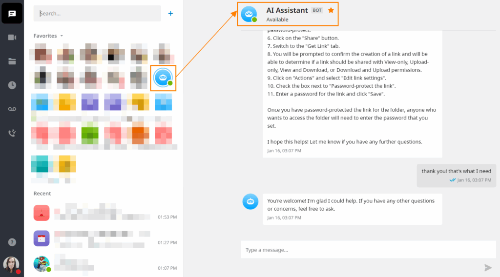 Screenshot of an AI assistant chat interface used to handle customer inquiries automatically