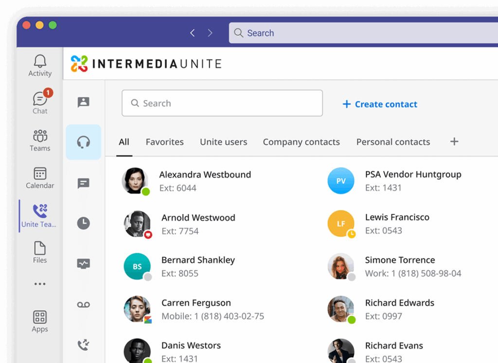 Screenshot of the Intermedia Unite VoIP interface showing contact list with extensions, presence indicators, and user profiles