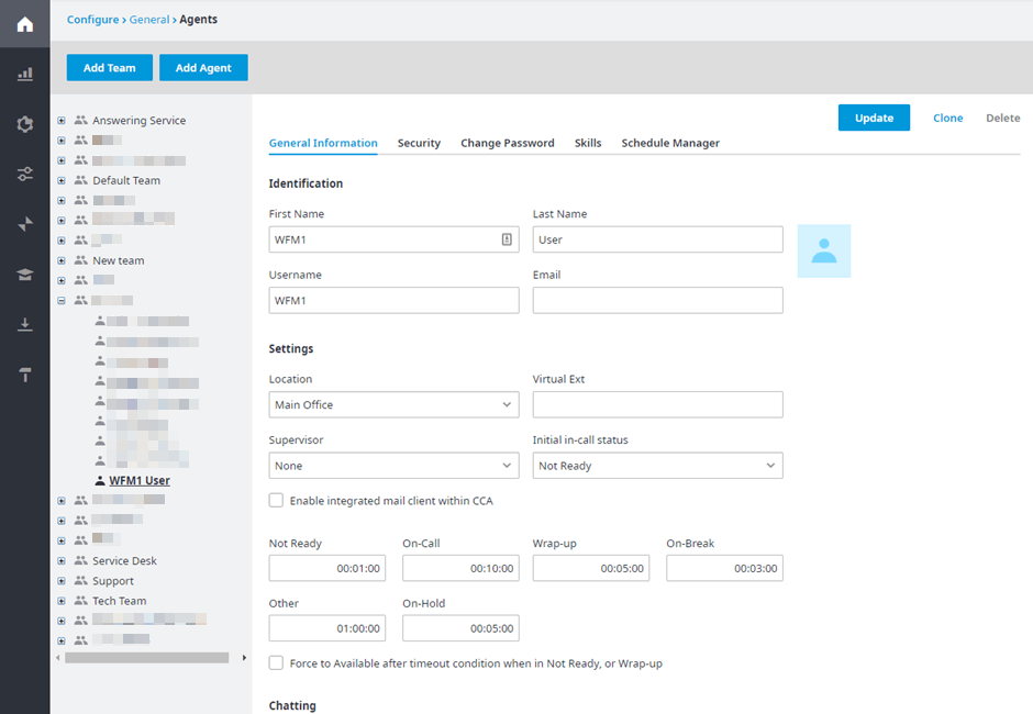 Screenshot of a call center agent management dashboard showing agent profiles, availability settings, and scheduling options