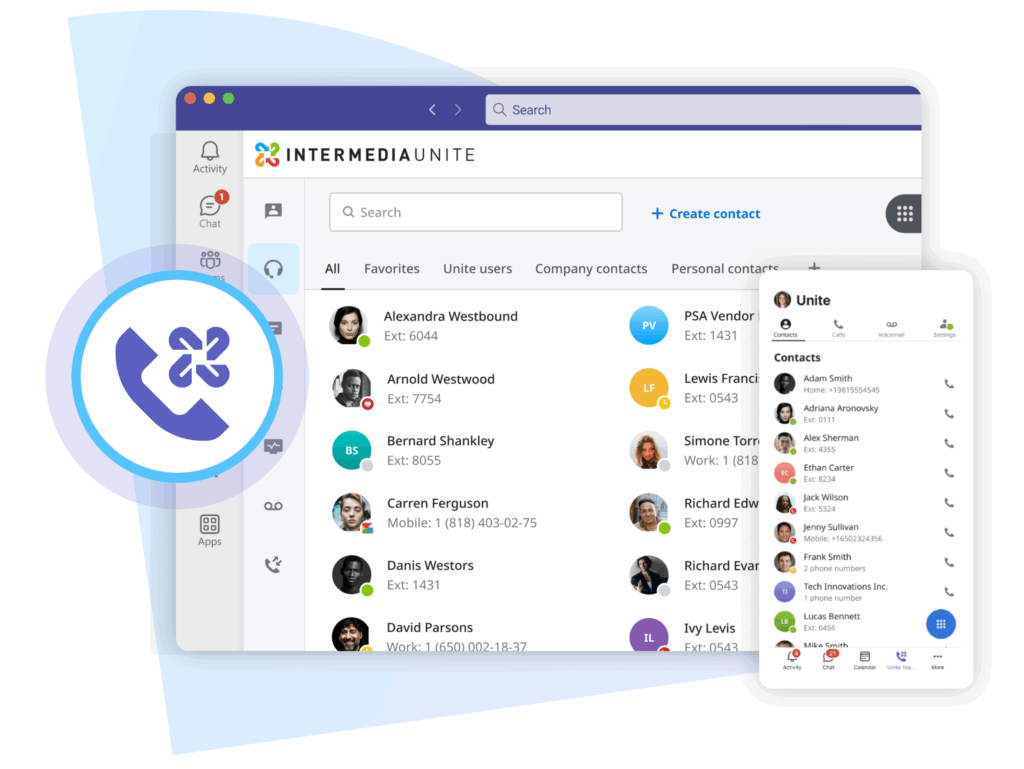 Screenshot of the Intermedia Unite interface displaying integrated contacts, calls, and voicemail management within a unified communications system